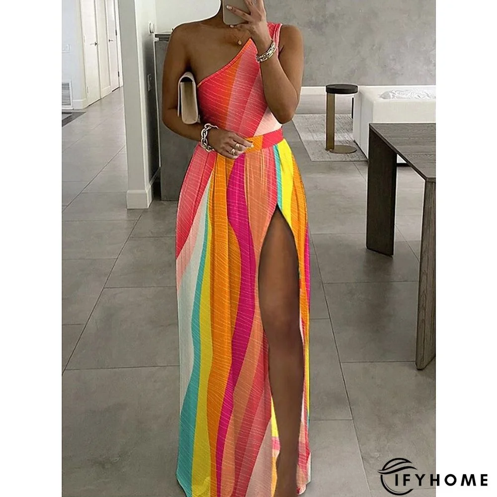 Women's Long Dress Maxi Dress A Line Dress Summer Dress Print Dress Floral Color Block Striped Fashion Streetwear Outdoor Daily Holiday Split Print Sleeveless One Shoulder Dress Slim Black Yellow | IFYHOME
