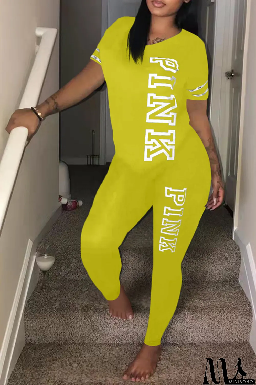 MidiSono - Green Casual Patchwork Letter O Neck Short Sleeve Two Pieces