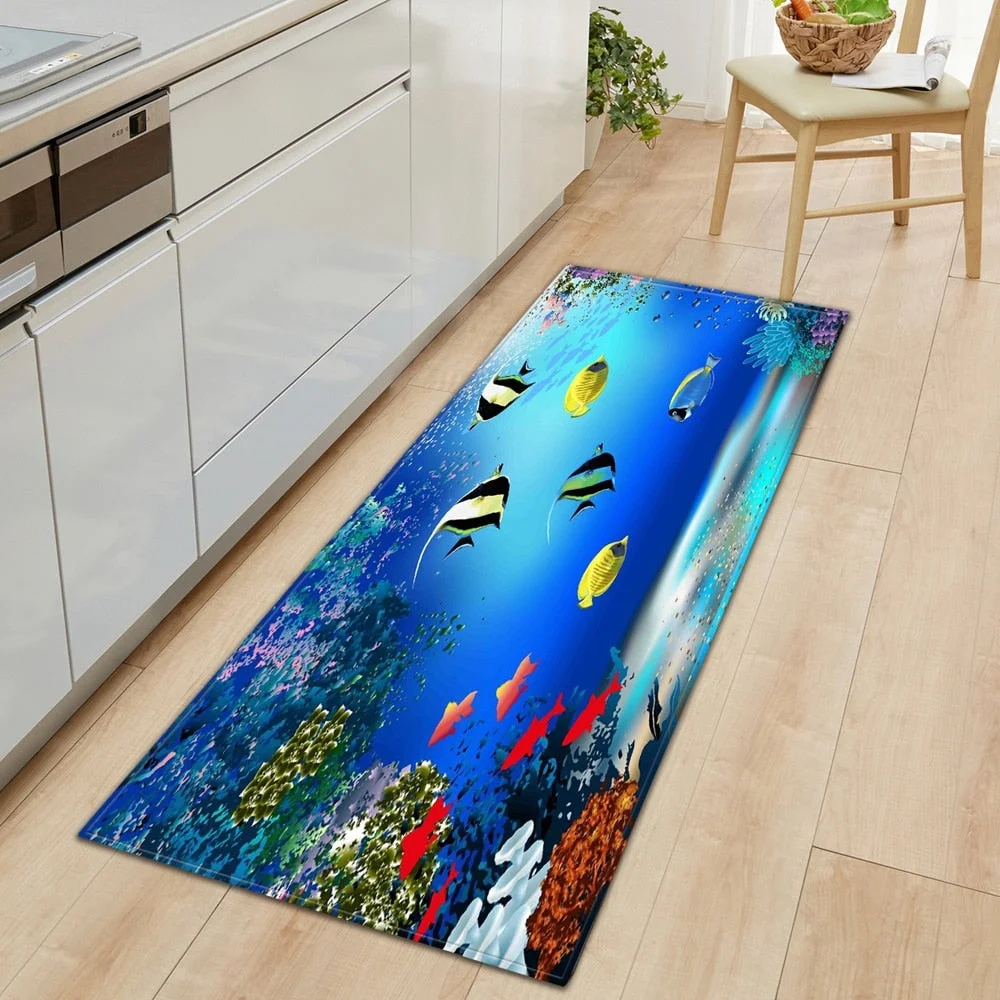 3D Underwater World Kitchen Mat Entrance Doormat Bedroom Floor Decoration Living Room Carpet Bathroom Non-Slip Rug Long Strip