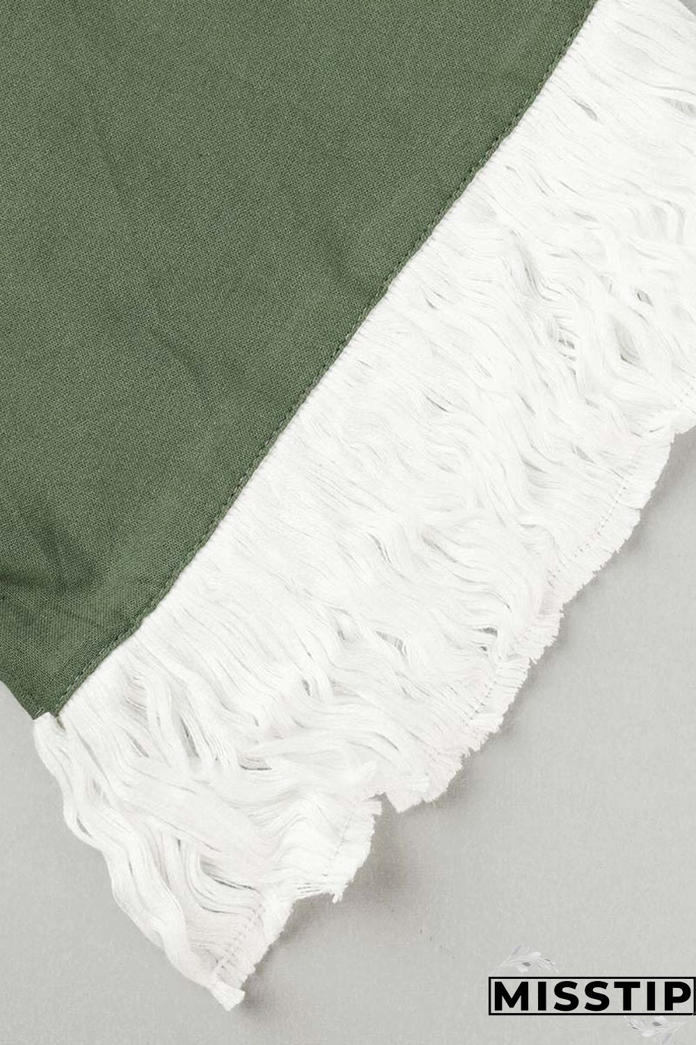 Ink Green Casual Solid Tassel Patchwork V Neck Half Sleeve Two Pieces