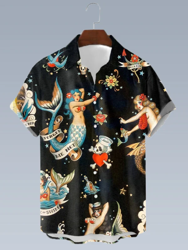 Broswear Men's Vintage Mermaid Print Lapel Short Sleeve Shirt