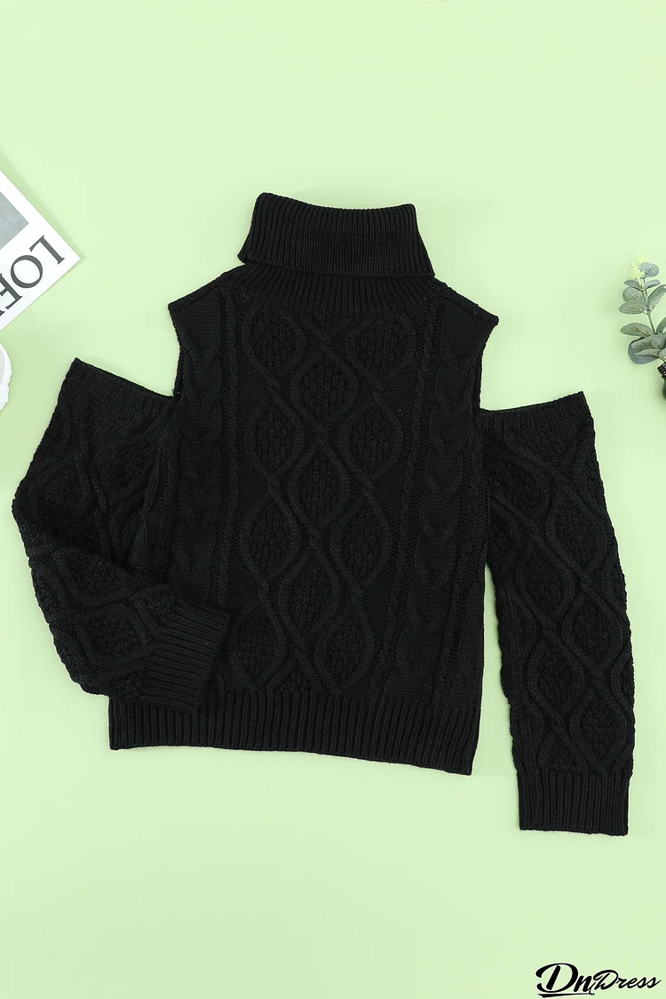 Fashion Black Turtleneck Cold Shoulder Textured Sweater