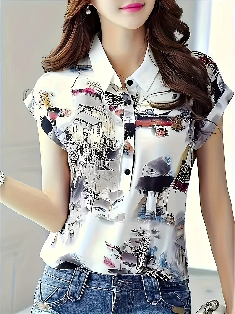 Elegant Bat-Sleeve Printed Shirt - Contrasting Shirt