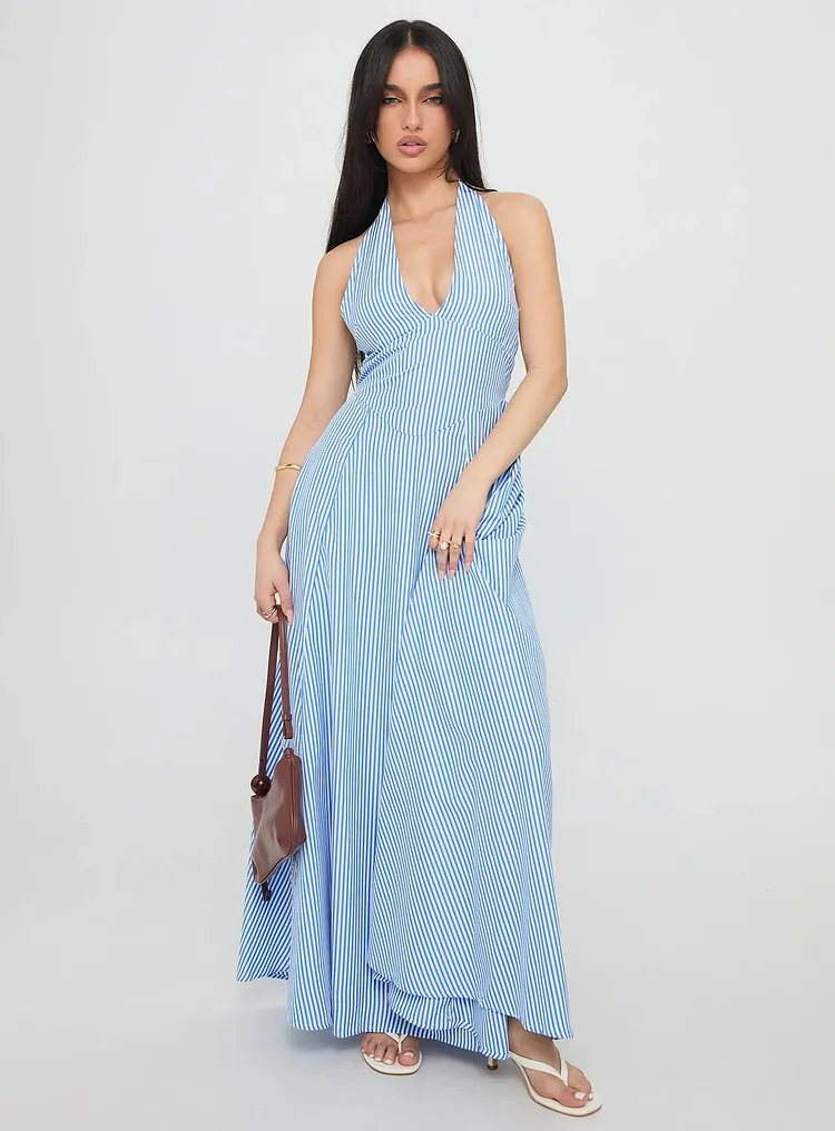 Ivie Halter Plunge Maxi Dress Blue Stripe