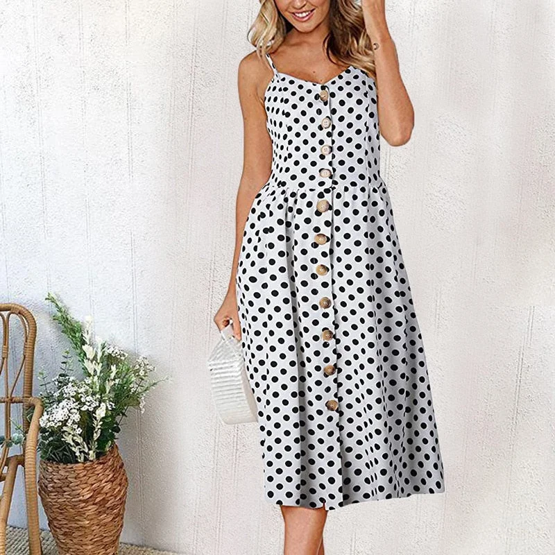 2020Women Summer Dress Backless Polka Dot Sleeveless Beach Button Casual Yellow Sundress Plus Size XXXL Dress For Women Vestidos