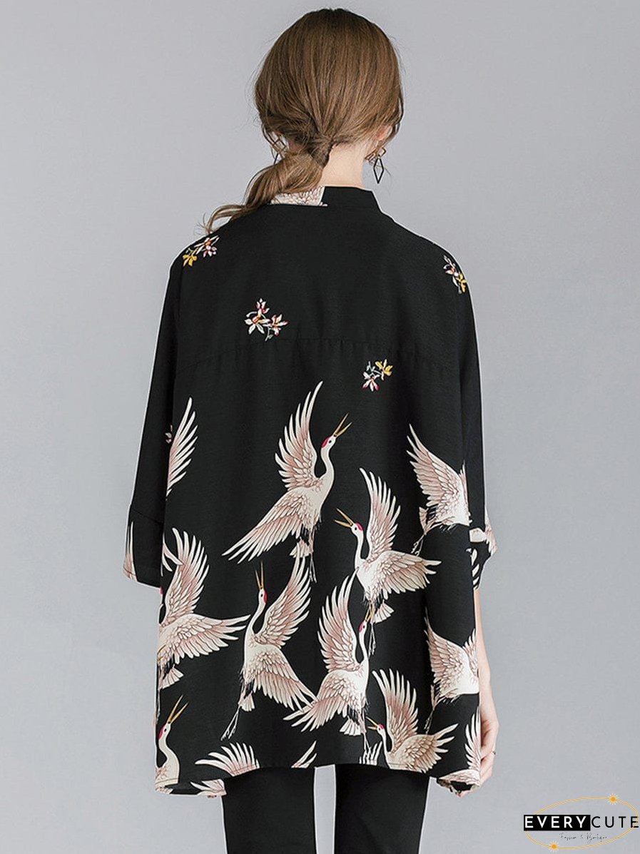 Size Curve Blouses Crane Print Loose Oversized Blouse