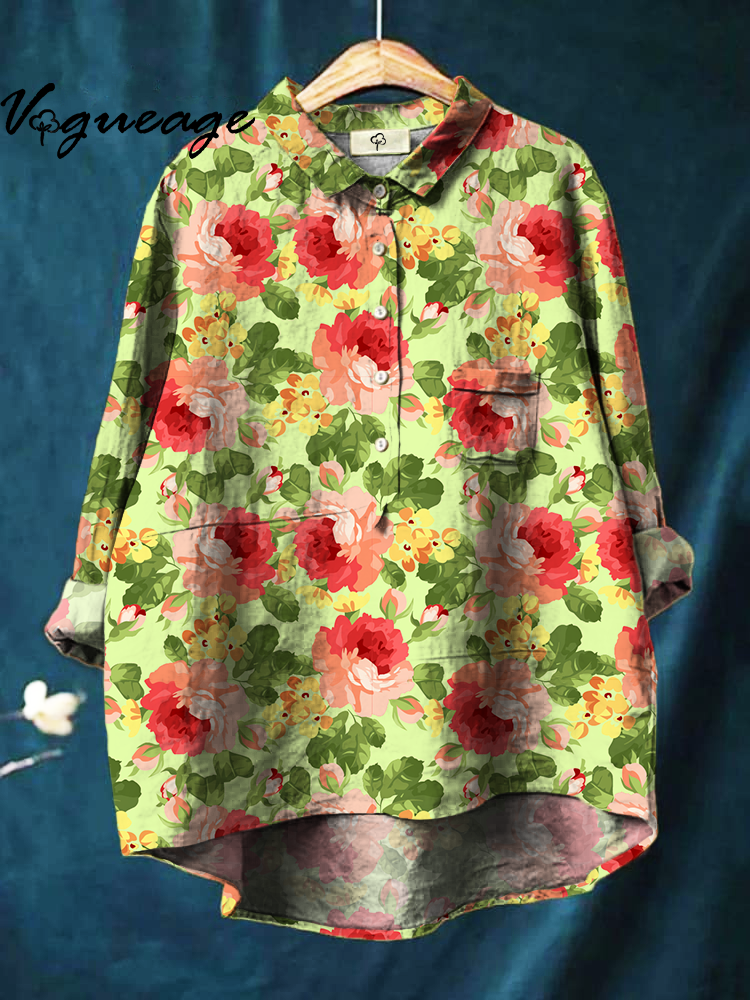 Bright Colorful Ink Flowers Print Cotton And Linen Shirt