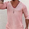 Men's Deep V Neck Breathable Linen Cotton Mid Sleeve T-Shirt by Inlyline
