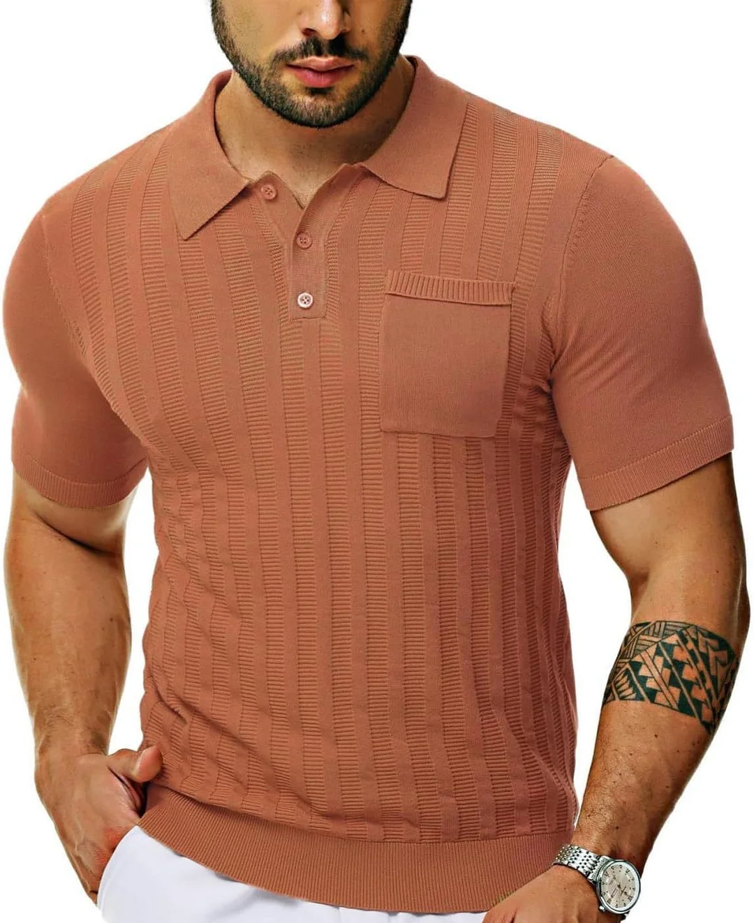 Uveng Uveng Men's Casual Polo Shirt Short Sleeve V-Neck Hollow Breathable Knit Summer Men's Top
