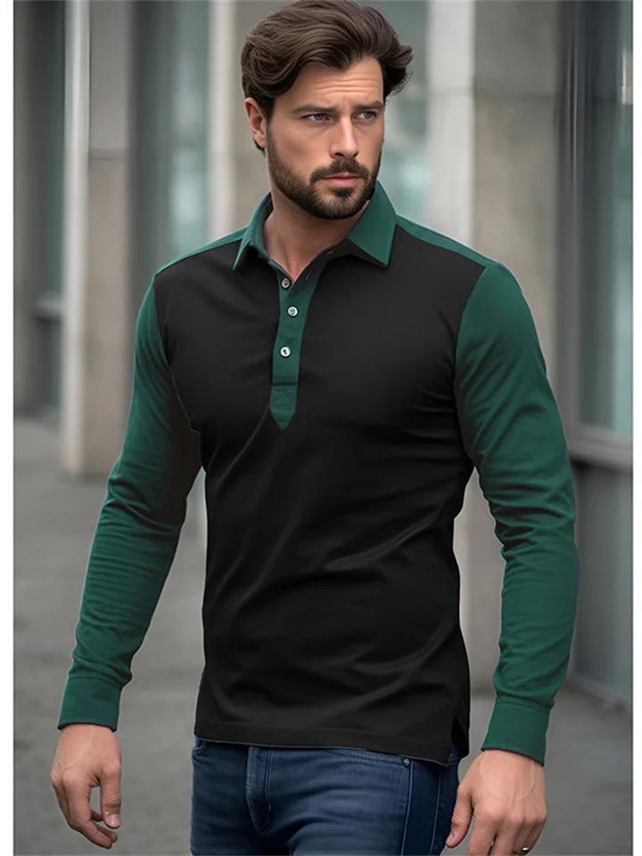 Men's Polo Shirt Autumn and Winter New Fashion Color Blocking Casual Lapel Long-sleeved POLO Shirt Men's Long-sleeved T-shirt-Hoverseek