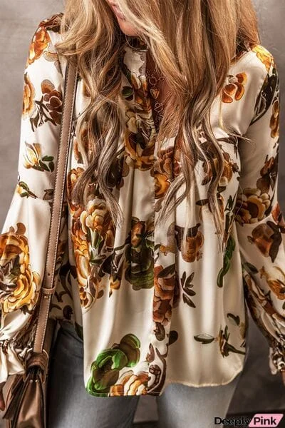 Printed Notched Long Sleeve Blouse