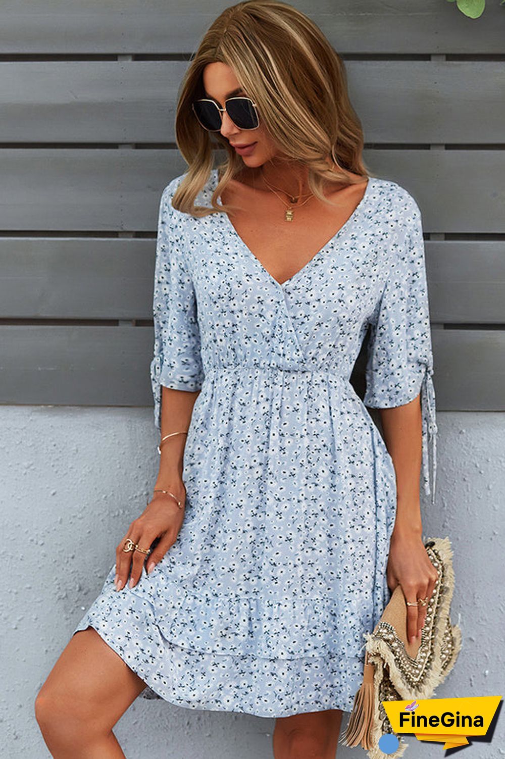 Fashion Floral Print Knot Sleeve Mini Dress