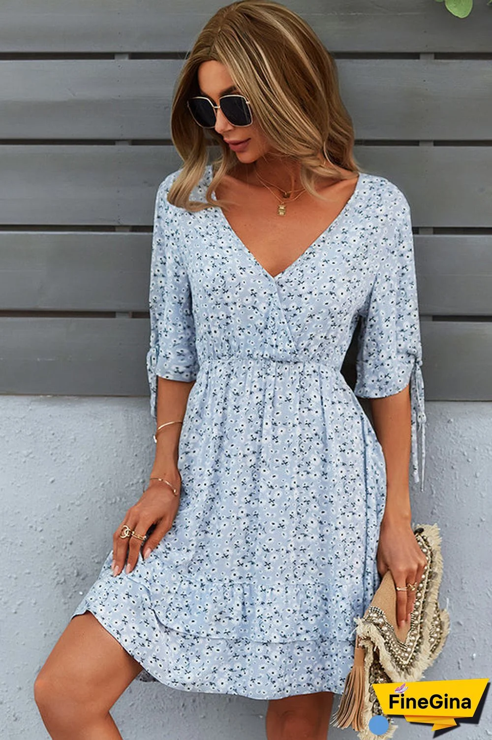 Fashion Floral Print Knot Sleeve Mini Dress