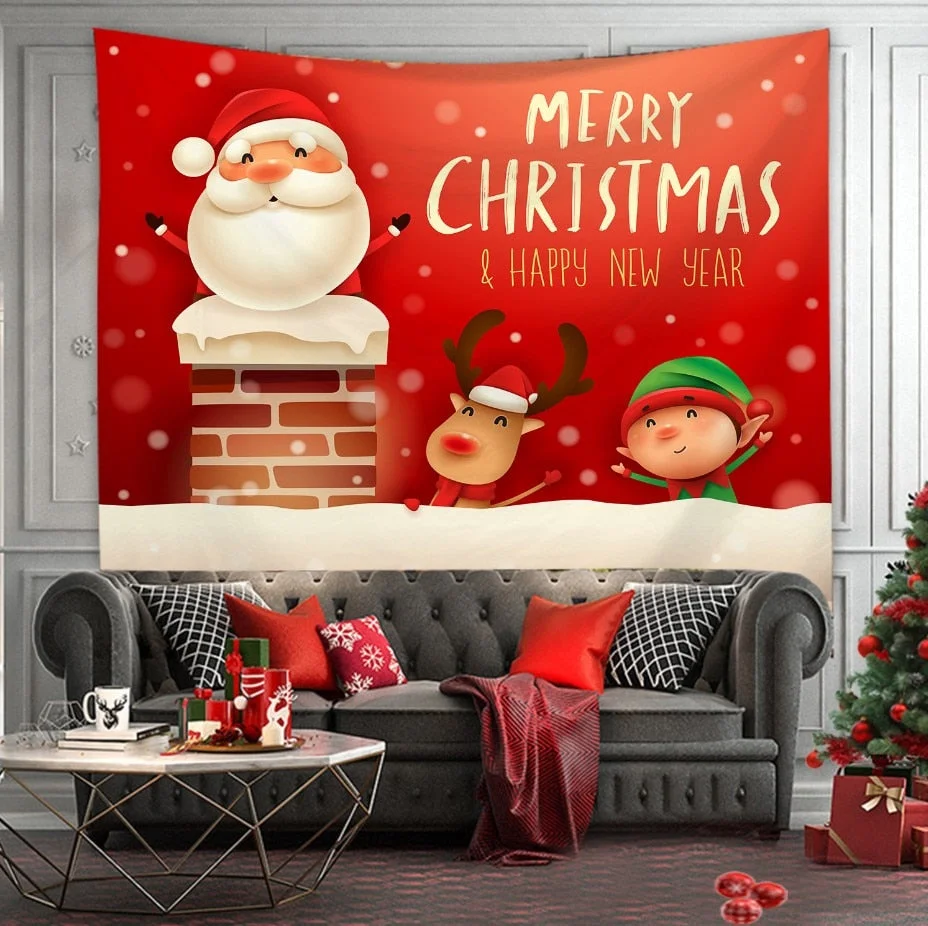Christmas Tree Print Tapestry Wall Hanging Background Cloth Decor Red Santa Claus Polyester Tapestry Home Room Wall Decoration