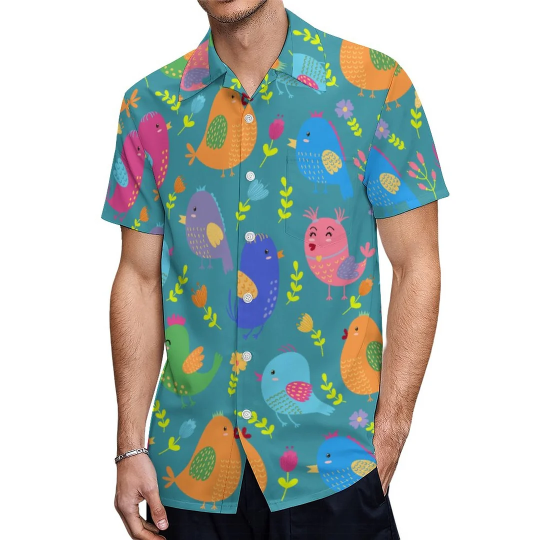 Colorful Little Birds Illustration Hawaiian Shirt Mens Button Down Plus Size Tropical Hawaii Beach Shirts