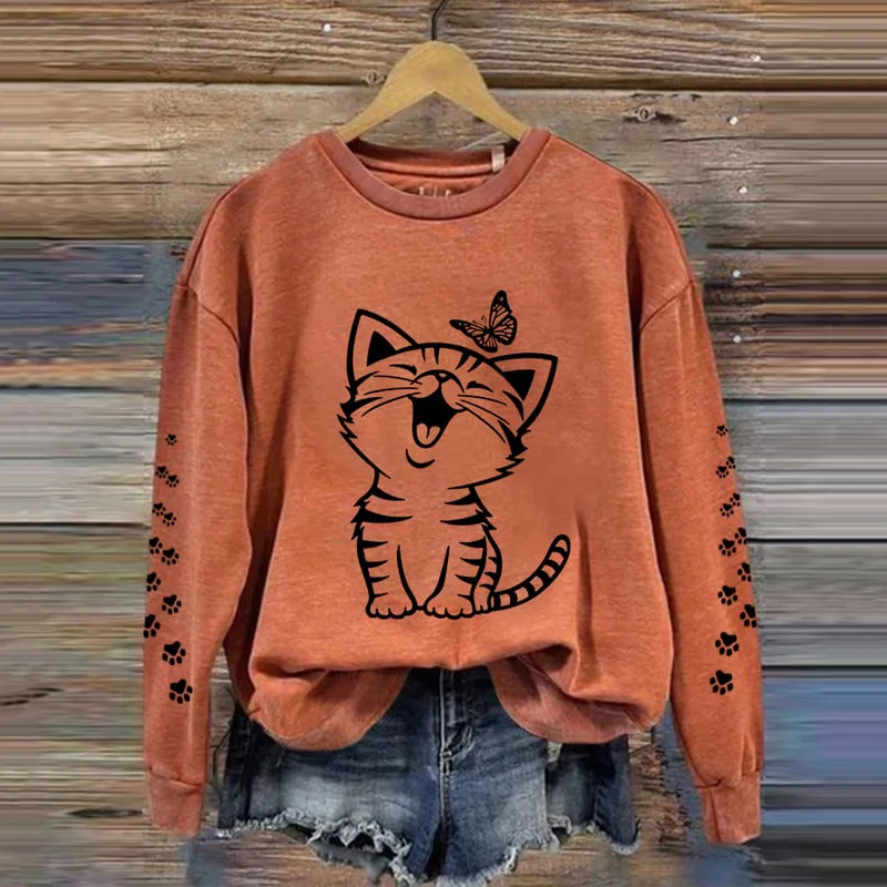 Cat Print Round Neck Long Sleeve Sweatshirt
