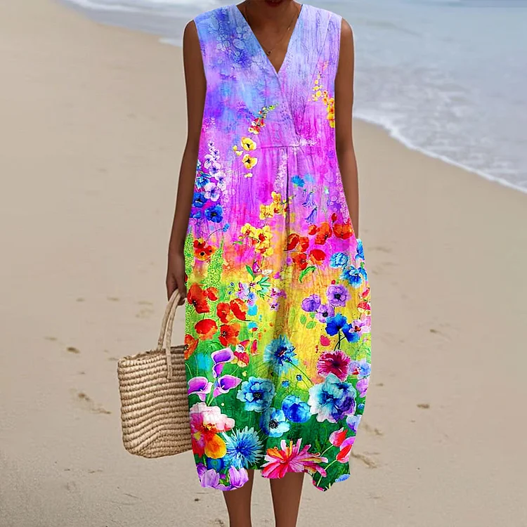 Women's Vintage Flower Art Print Sleeveless Cotton Pocket Wrap V Neck Dress