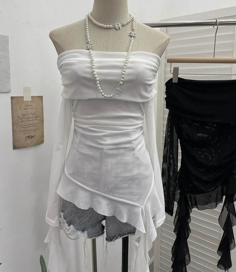 Nigikala Nigikala Shot A Word Shoulder Folded Top Girl Spring And Summer Side-Sleeve Strap Design French Long-Sleeved Mesh T-Shirt 9275