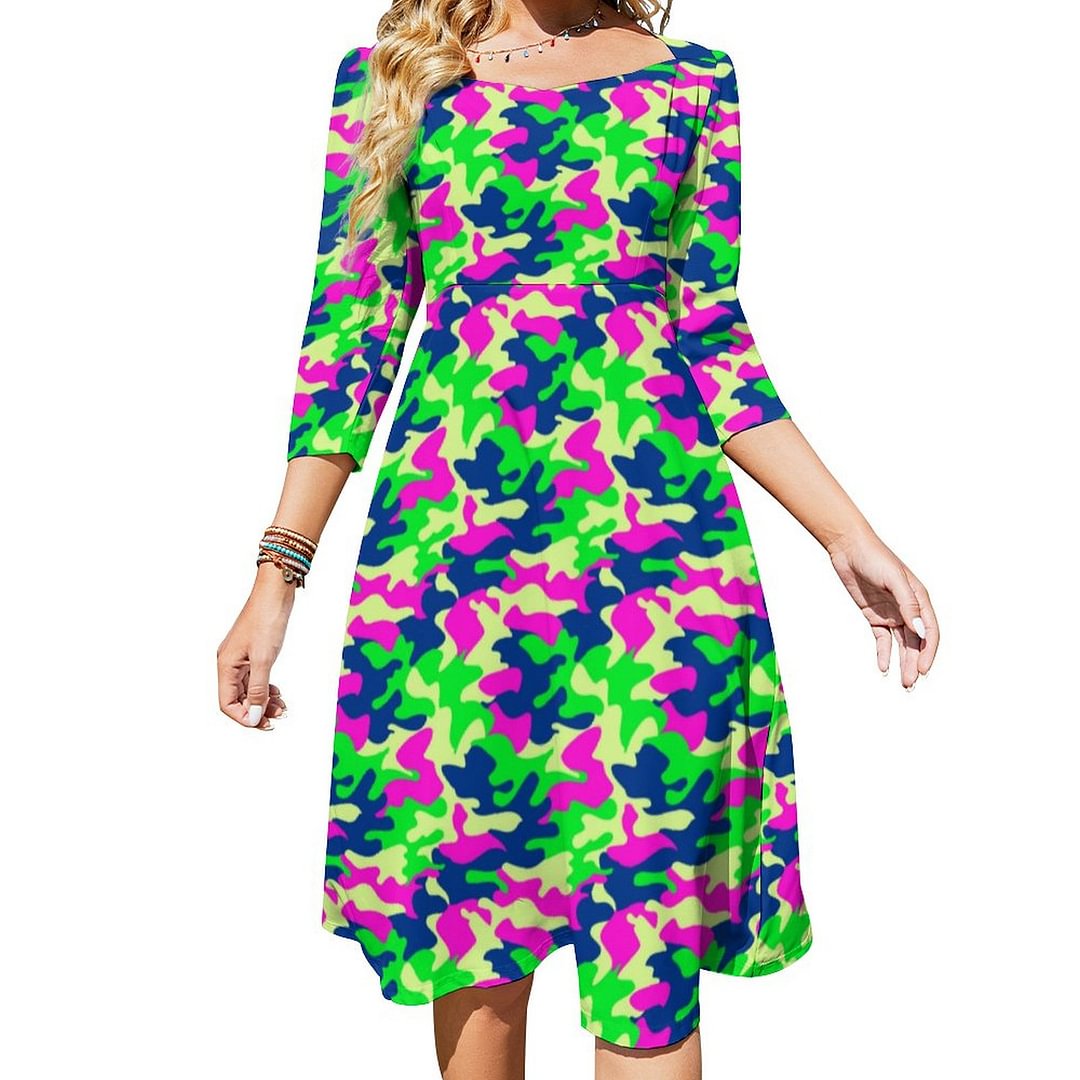 Neon Blue Pink Green Camouflage Dress Sweetheart Tie Back Flared 3/4 Sleeve Midi Dresses