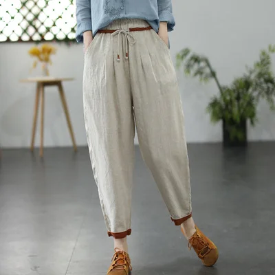 Casual Solid Color Lace-up Linen Pants