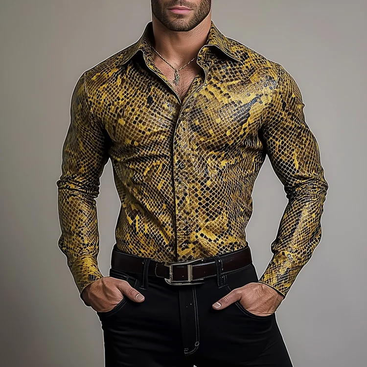 Okaywear PU Leather Snakeskin Pattern Button Long Sleeve Shirt 