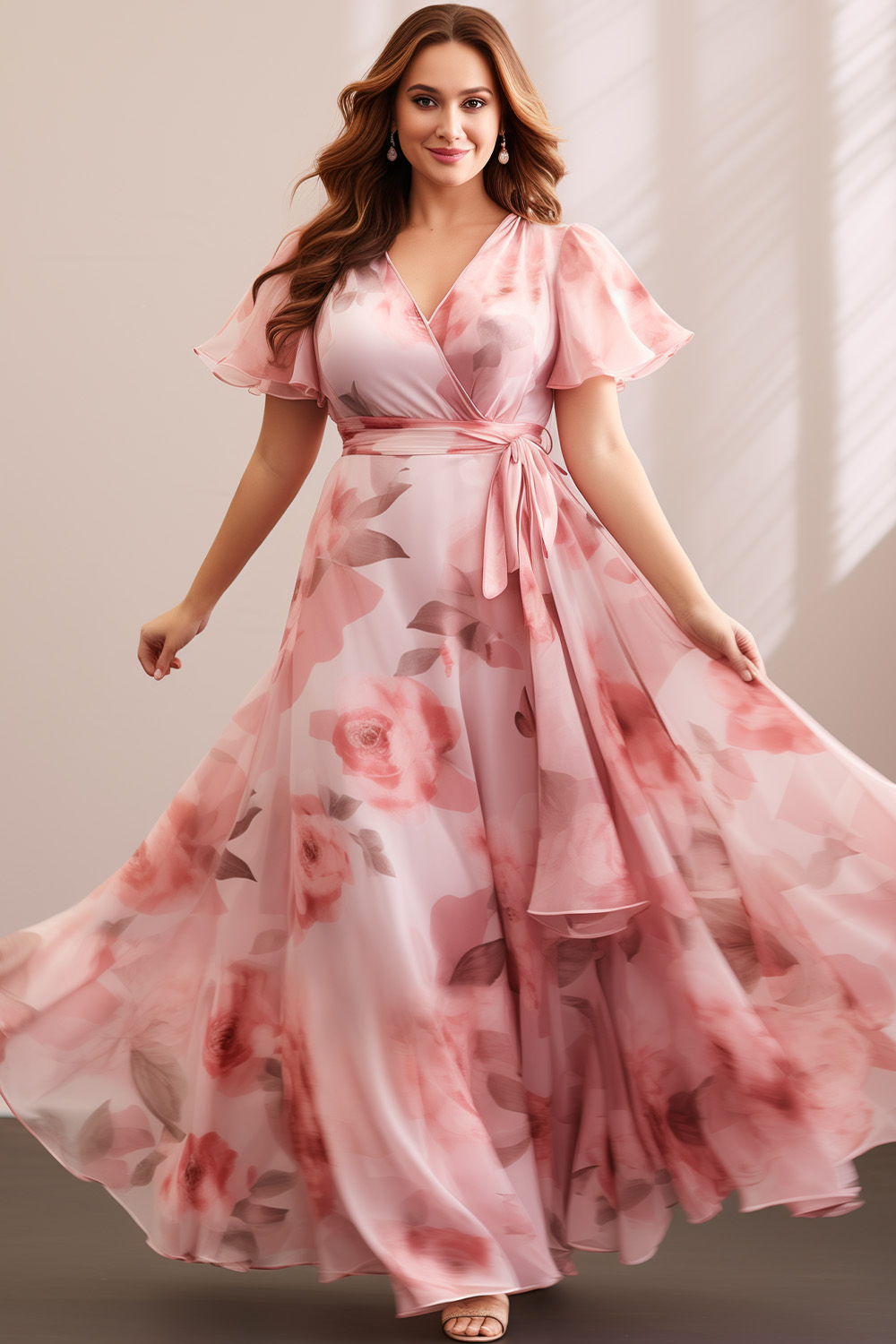 Flycurvy Plus Size Wedding Guest Pink Chiffon Floral Print Flutter Sleeve Maxi Dress