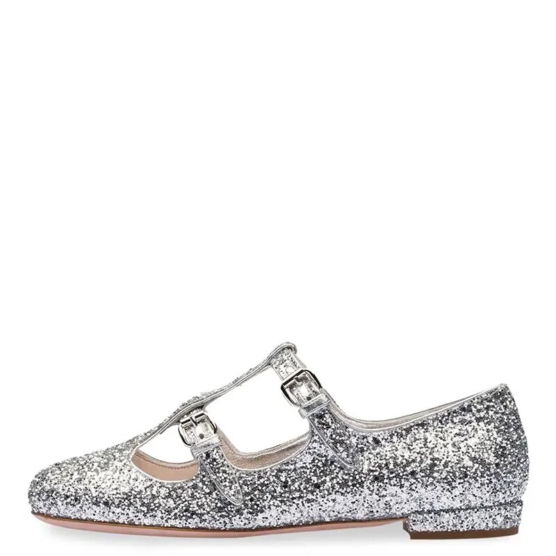 TAAFO Silver Sequined Cloth Ballet Flats Woman Round Toe Double Buckle Strap Shoes Ladies Party