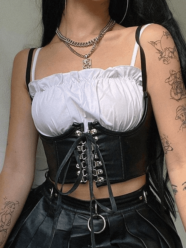 Brownm Front Tie Pu Leather Cropped Bustier