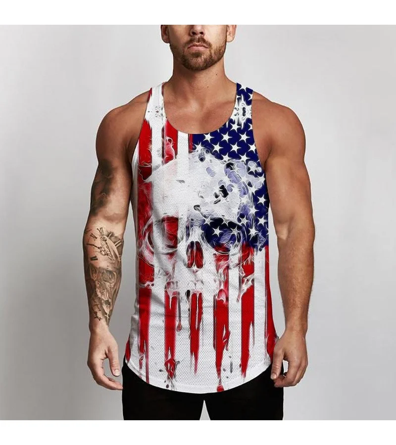Men Unique Flag Skull Print Tank Top M-3XL