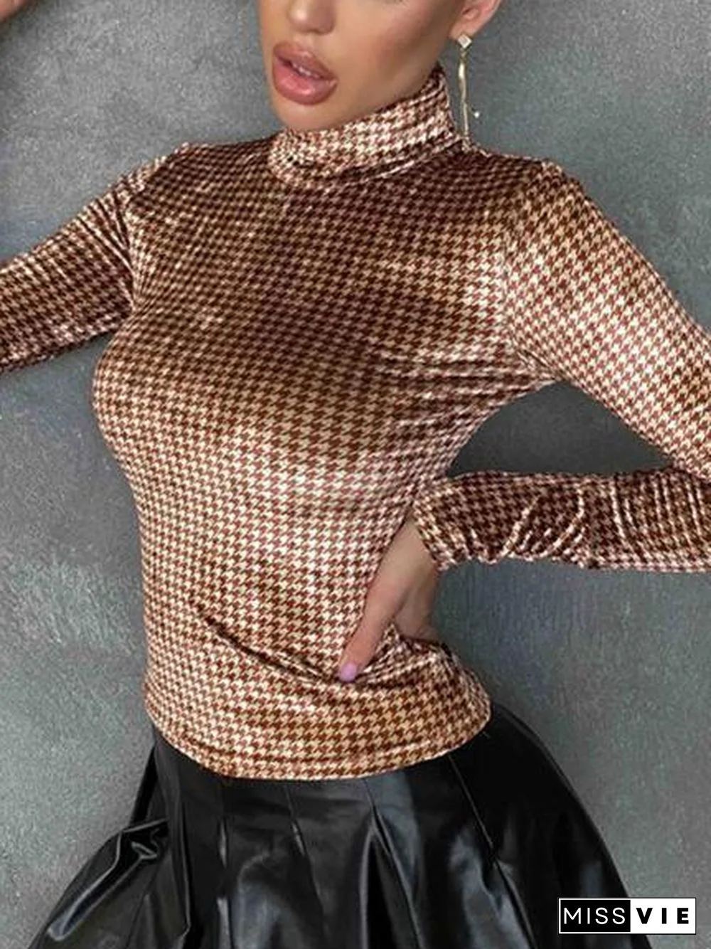 Velvet Plaid Round Neck Pullover Knitted Long Sleeve Top