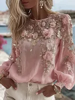 Women's Pink Flower Embroidery Art Round Neck Long Sleeve T-shirt