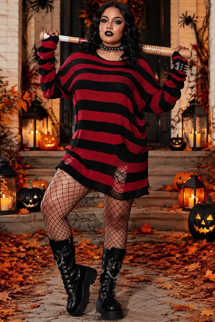 Xpluswear Design Plus Size Halloween Costume Red Gothic Crochet Round-Neck Long Sleeve Striped Sweater（Ships 24h） 2024 - Xpluswear