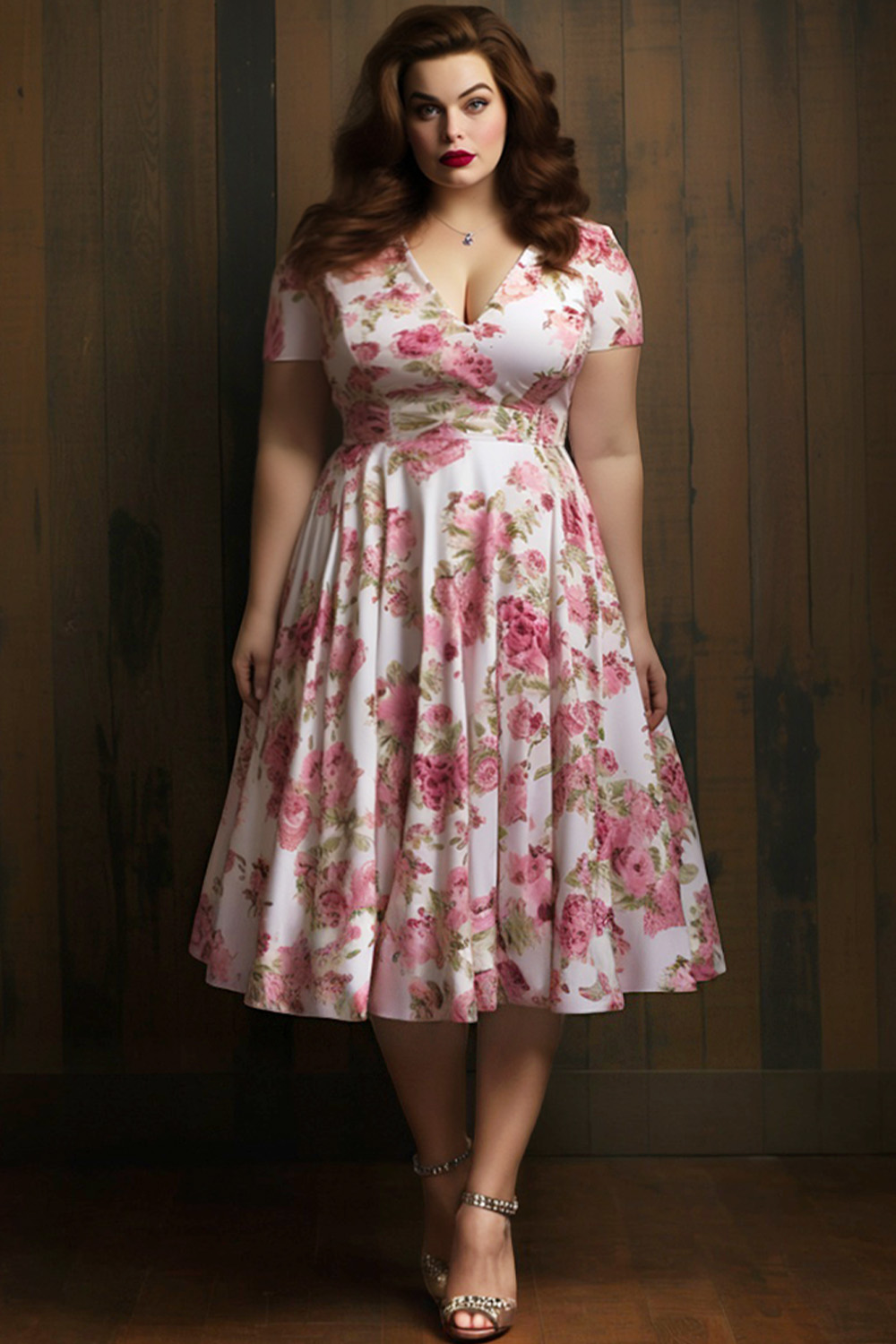 Flycurvy Plus Size Everyday Pink Floral Print Short Sleeve Tunic Tea-Length Dress