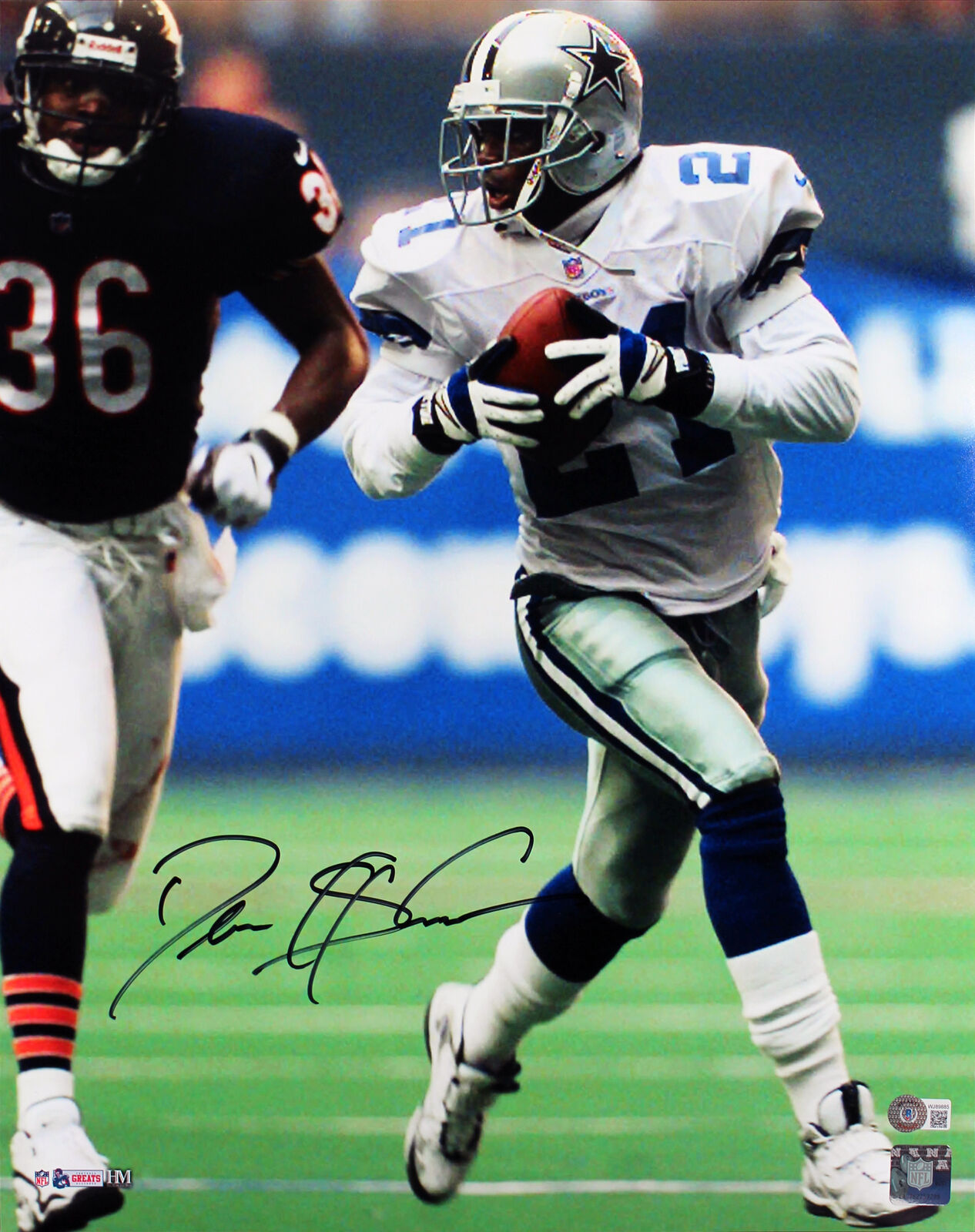 Cowboys Deion Sanders Signed 16x20 Vertical Vs Bears Photo Poster painting BAS Witnessed