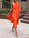 High-Neck Fluorescent One-Shoulder Long Sleeve Hollow A-Line Midi Dress