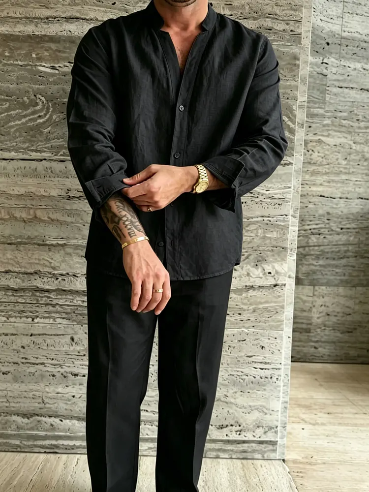 Premium Linen-Blend Mandarin Collar Suit