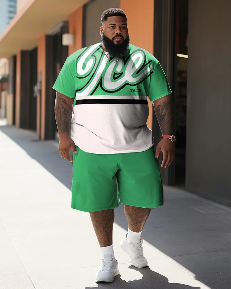 Men's Large Size Street Cartoon Color Block Ice Green Graffiti Short-Sleeved Shorts Suit