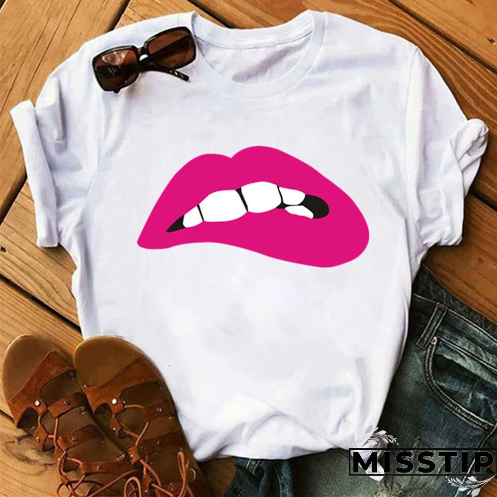 Red Fashion Casual Lips Printed Basic O Neck Tops