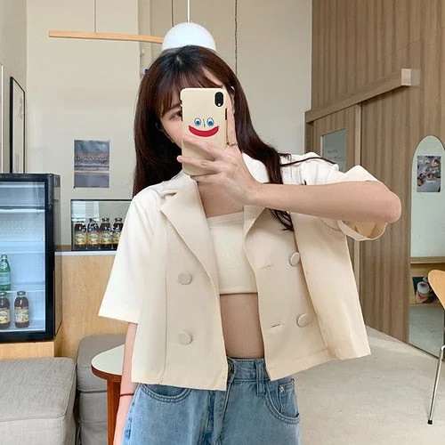 Blazers Women Short Three Color Double Breasted Three Colors One Size Summer Thin Loose Lovely Korean Style Qualities Streetwear