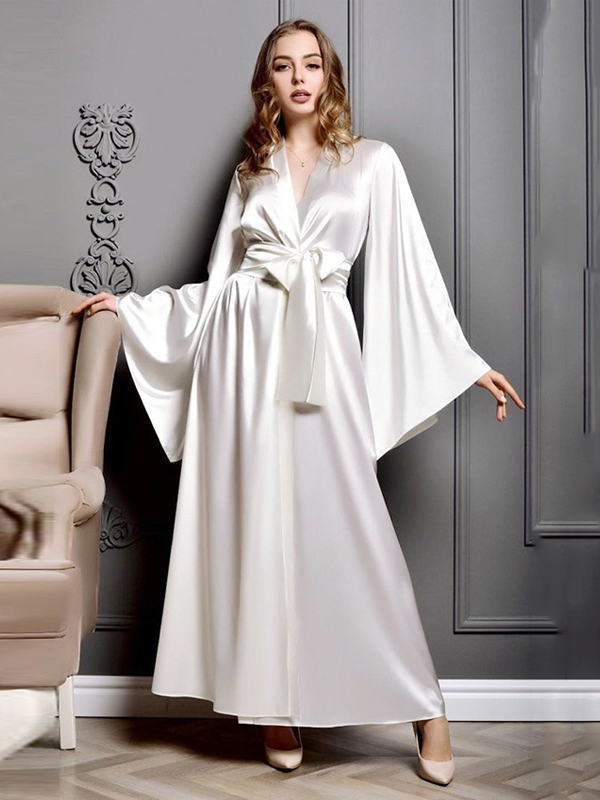 Luxury Long Silk Robe For Women In Multiple Colors-White