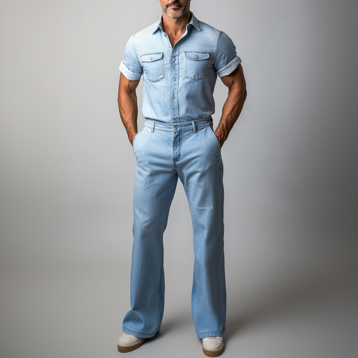 Men's Denim Short Sleeve Button Shirt & Jeans 2Pcs Set