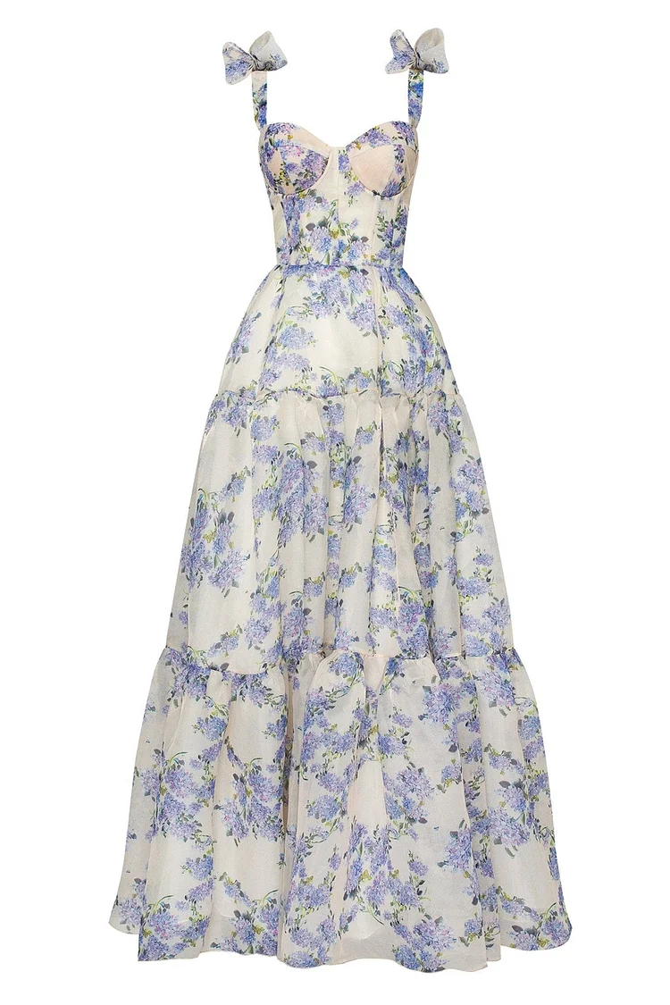 Prom Purple V Neck Floral Print Tie-Strap Maxi Dress