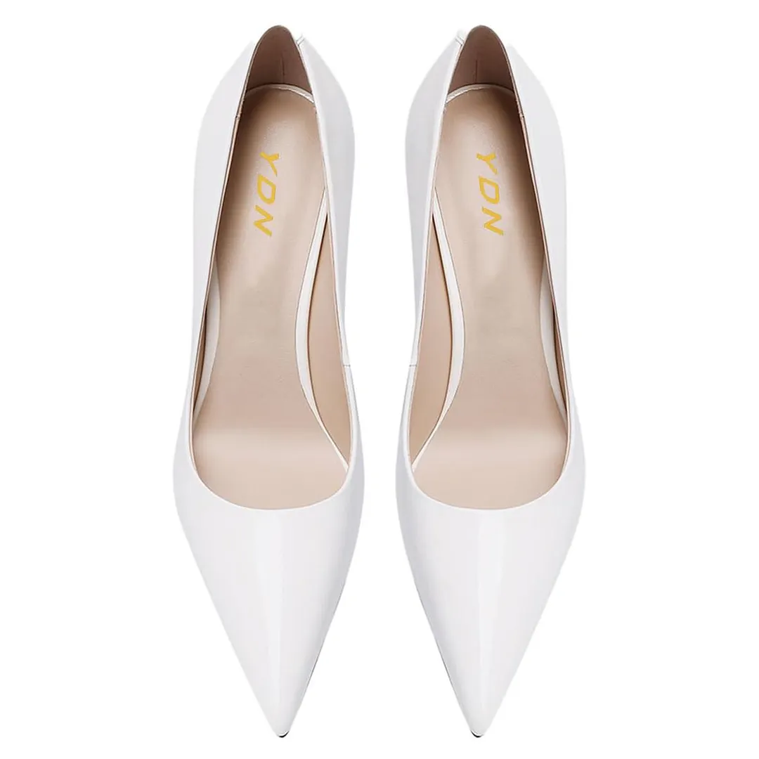 YDN Simple White Patent Leather Pointed Toe Wedding Pumps Heels
