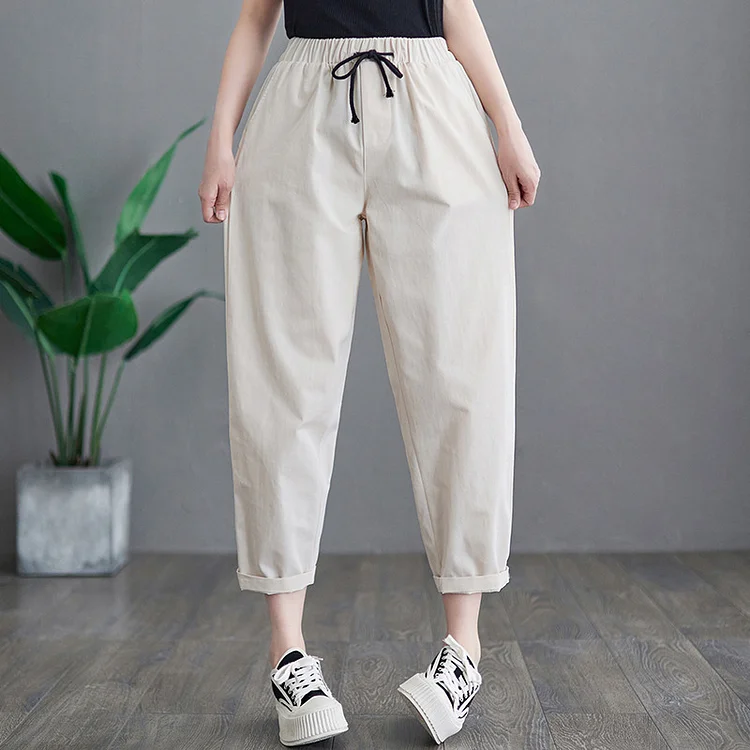 Literary Solid Color Lace-Up Elastic Waist Pants