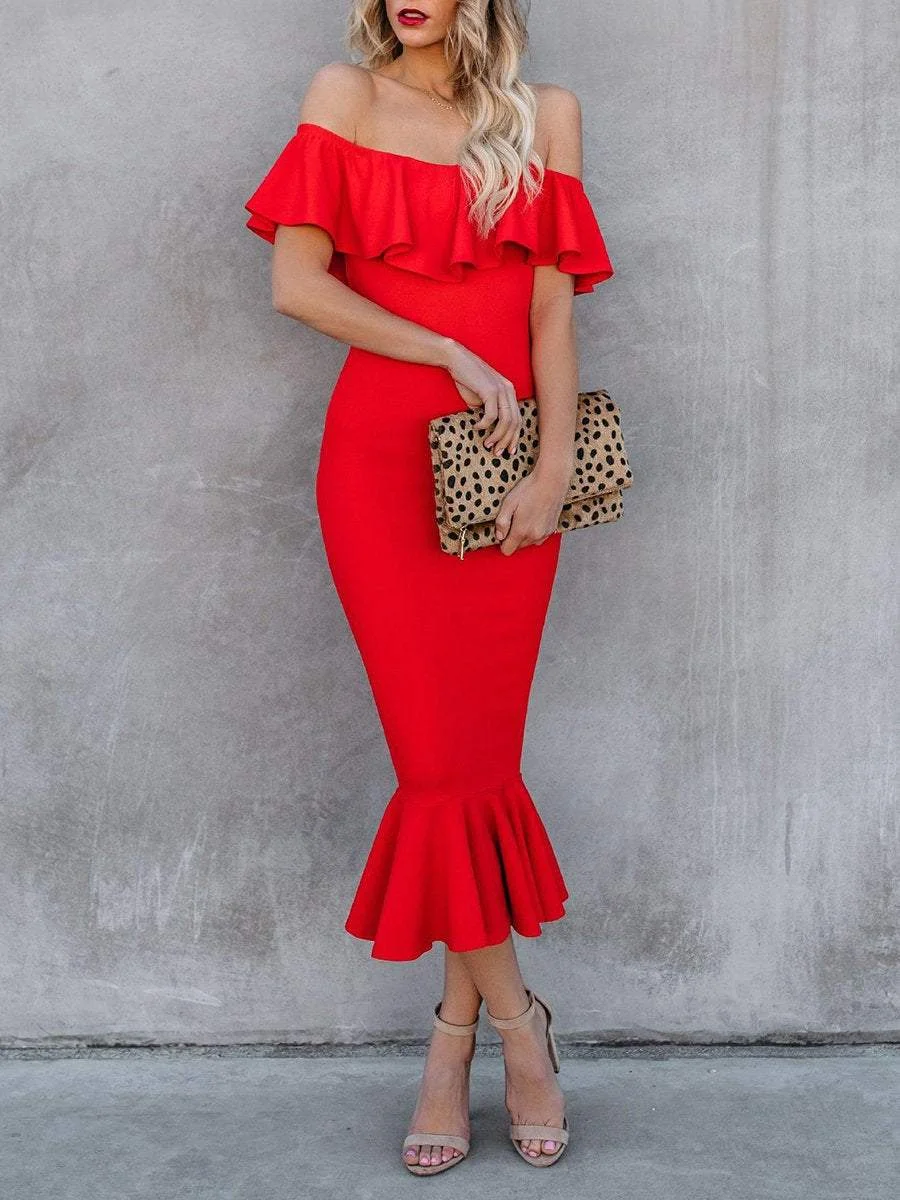 Elegant ruffled one-shoulder evening dress