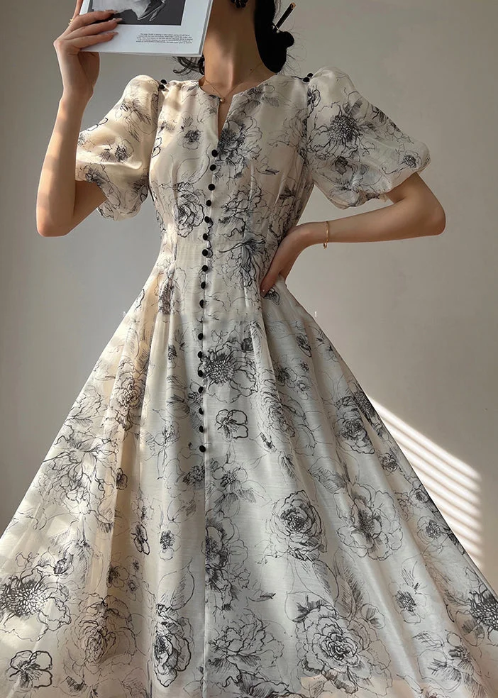 Elegant Ribbon Art Print V-Neck Short Sleeve Midi Dress main image 1