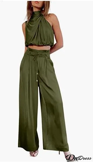 Women Fashion Casual Solid Color Sleeveless Top Pants Two-Piece Set