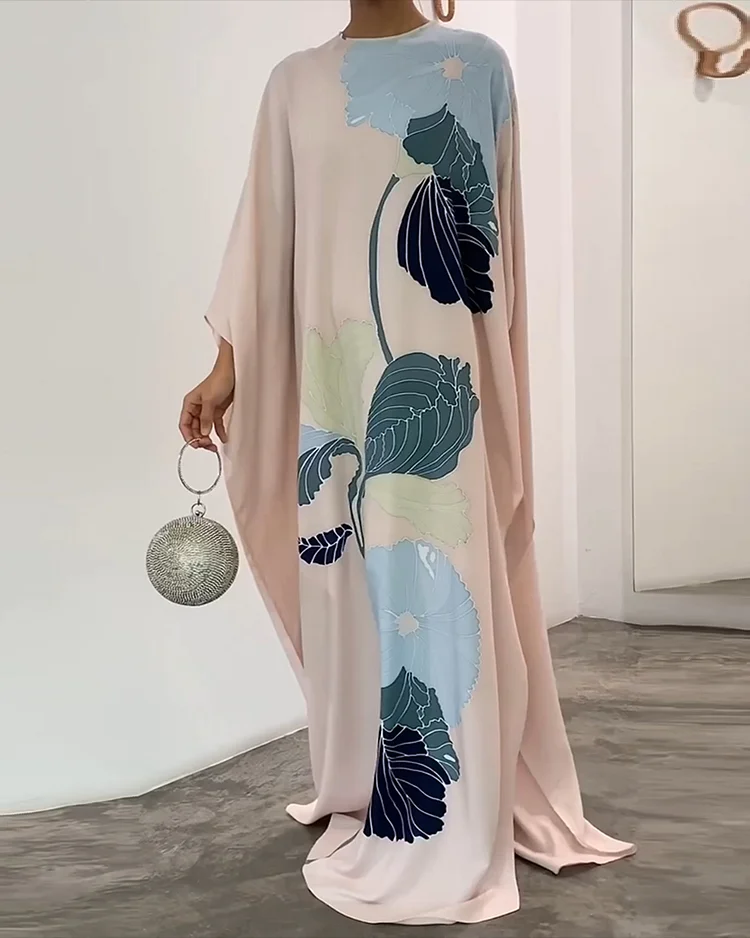 Women's Crew Neck Printed Satin Kaftan Dress
