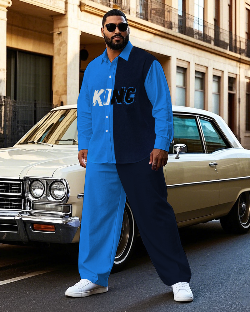 Big Guy's Simple Blue & Black Splicing Style POLO Artistic Letter Printed Long Sleeve Shirt Pants Set