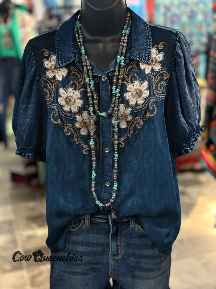 Western Vintage Floral Prints Casual Cotton Shirt Multicolor / S